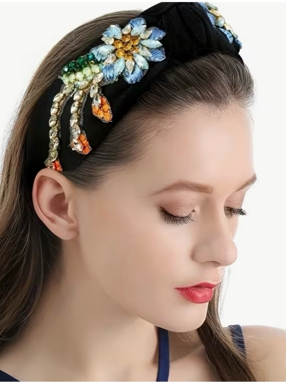 Crystal Embellished Black Headband with Multicolor Accents